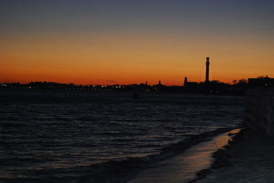 Scenic view of sea against clear sky during sunset