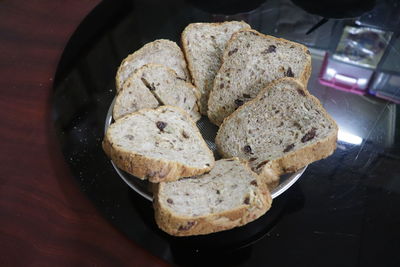 High angle view of bread in plate on table