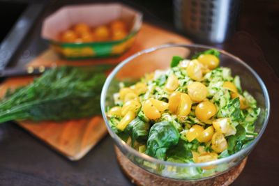 High angle view of chopped vegetables in bowl on table