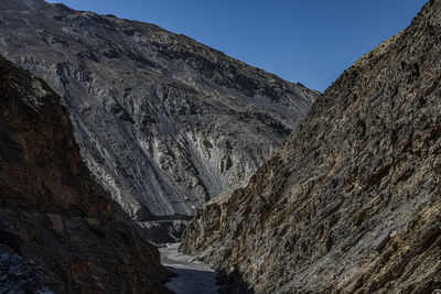 Low angle view of rocky mountains against clear sky