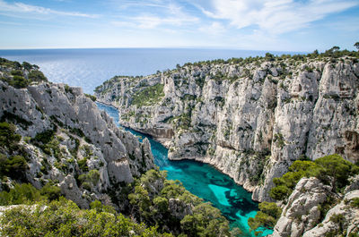 Scenic view of river flowing amidst mountains at cassis