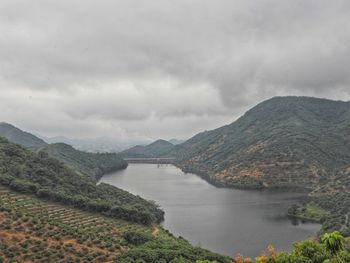 Scenic view of lake and mountains against sky