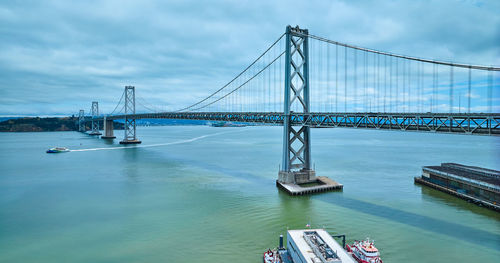 View of suspension bridge over river