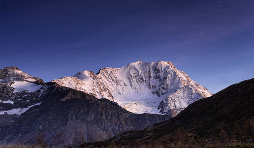 Scenic view of snowcapped mountains against blue sky