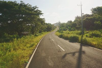 Road amidst trees on field against sky