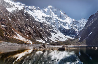 Scenic view of snowcapped mountains and lake against sky