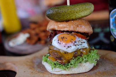 High angle view of burger in tray on table