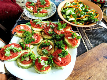 High angle view of food in plate on table