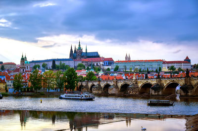 View of bridge over river against cloudy sky