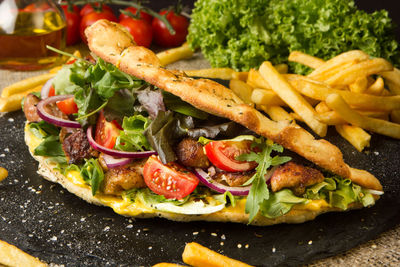 Close-up of taco on slate