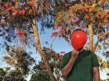Front view of man holding red balloon against flowering tree.