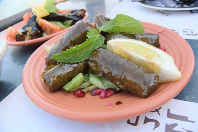 High angle view of vegetables in plate on table