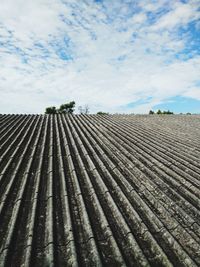 Low angle view of roof against cloudy sky