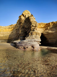 Rock formation in water against clear sky