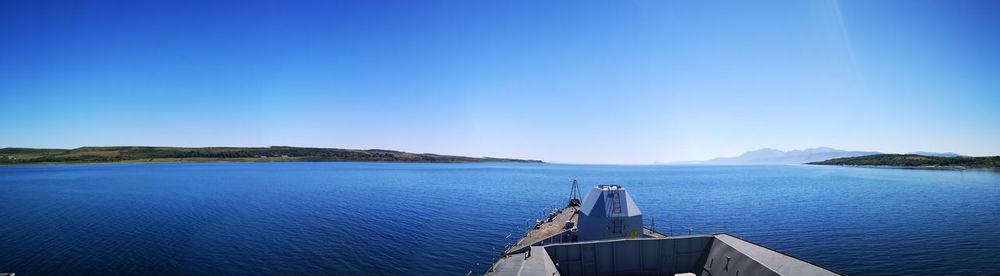 Scenic view of sea against clear blue sky