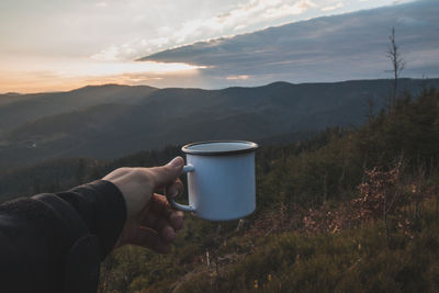 Beautiful morning on top of a hill in beskydy mountains, czech republic. enjoying