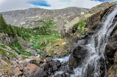 Scenic view of waterfall against sky