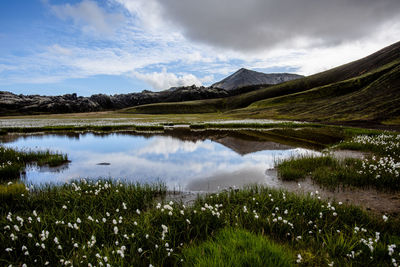 Scenic view of lake and mountains against sky