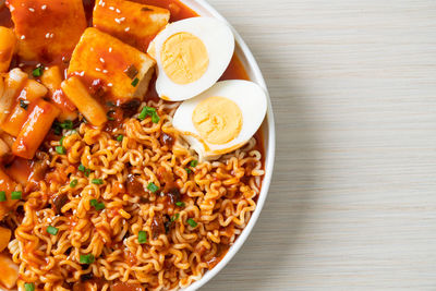 High angle view of food in bowl on table