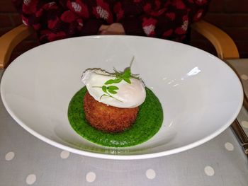 High angle view of dessert served on table