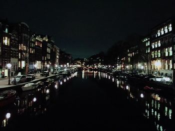 View of illuminated canal at night