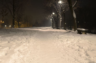 Snow covered road in park at night