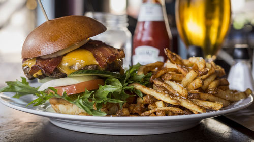 Close-up of food served on table