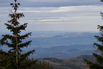 Scenic view of mountains against cloudy sky