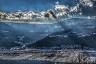 Aerial view of landscape and mountains against sky