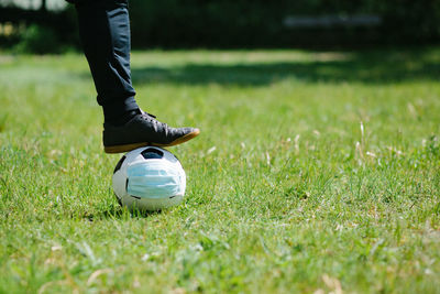 Low section of person with ball on field