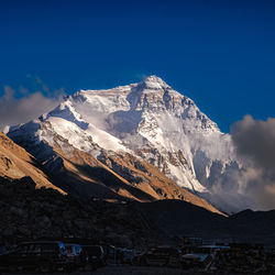 Scenic view of snowcapped mountains against blue sky