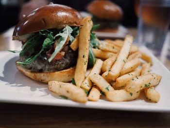 Close-up of burger with french fries in plate