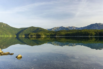 Scenic view of lake by mountains against sky