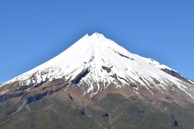 Scenic view of snowcapped mountains against clear blue sky