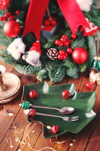 High angle view of christmas decorations on table