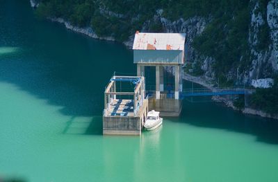 High angle view of building by lake