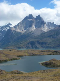 Scenic view of lake and mountains against sky