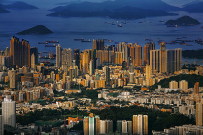 High angle view of city at waterfront