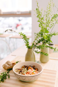 High angle view of meal served on table