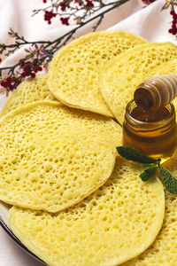 High angle view of bread in plate on table