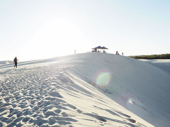 People on beach against clear sky