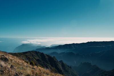 Scenic view of mountains against clear blue sky