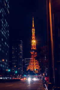 Illuminated city buildings at night