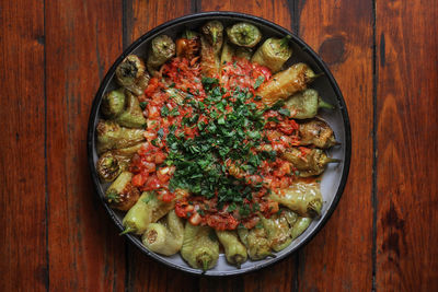 High angle view of salad in bowl on table