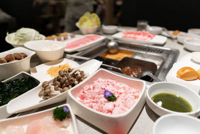 High angle view of meal served on table