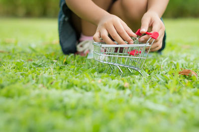 Low section of girl playing with shopping cart on field