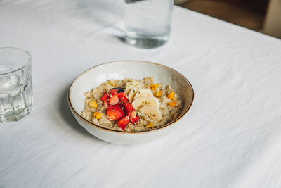 High angle view of breakfast served on table