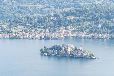 Aerial view of the island of san giulio in the lake orta