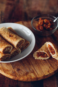Close-up of breakfast served on table