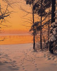 Scenic view of snow covered land during sunset